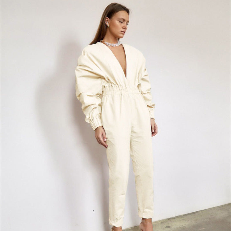 Women&#039;s Jumpsuits & Rompers Autumn Jumpsuit White Long Sleeve Fashion Slim V-neck Pleated Bubble Elegant Luxury Clothing D6R6