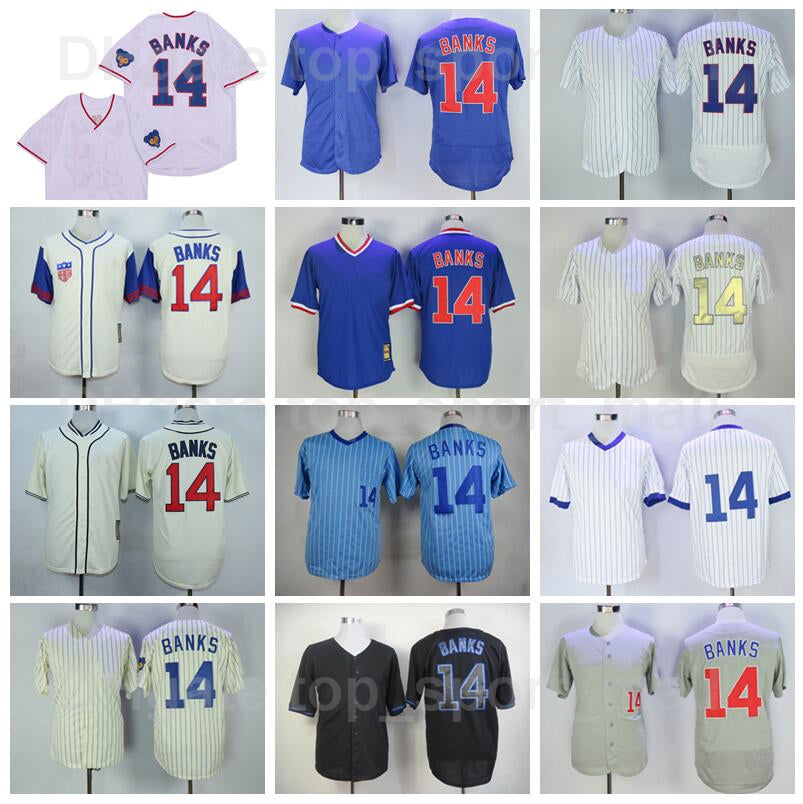 Retro 1909 1929 1942 1968 Vintage Baseball 14 Ernie Banks Jersey 1969 1988 1990 1994 Retire Cooperstown Cool Base Pinstripe Pullover Blue White