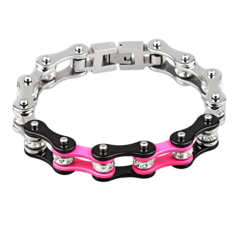 Link, Chain Fashion Black & Pink Candy Color Cuff Bracelets Stainless Steel Crystal Bicycle Bracelet Bike Jewellery For Girls