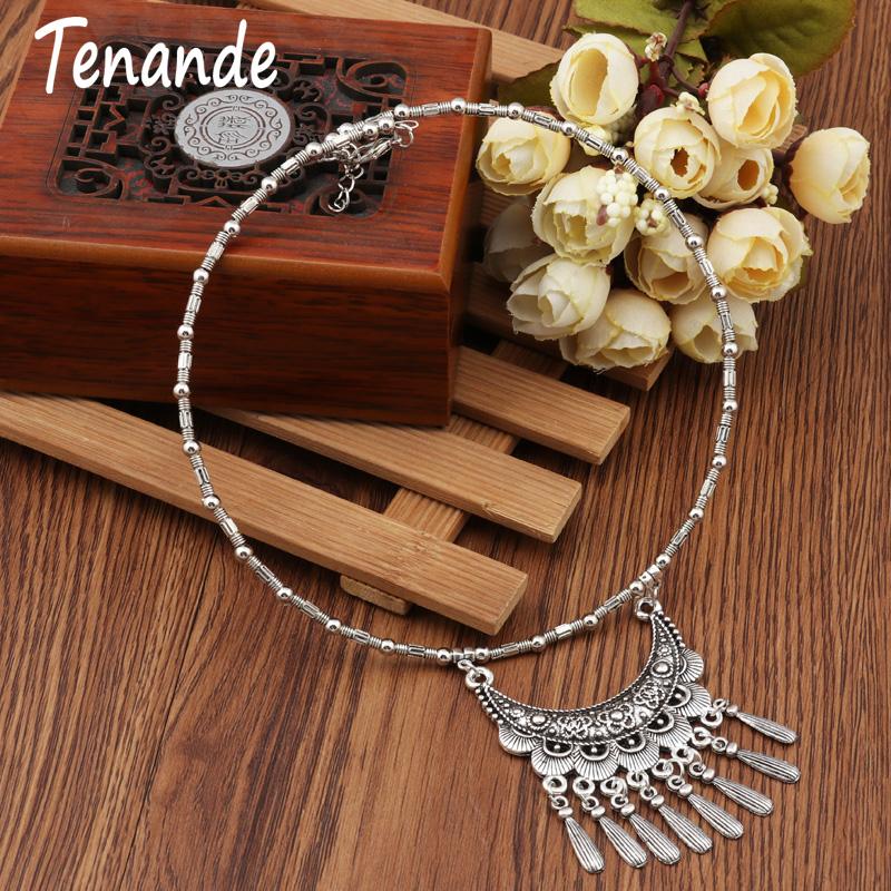 Chokers Tenande Vintage Tibet Silver Color Big Statement Hollow Moon Flower Water Droplets Tassel Necklaces Pendants For Women Boho Gift