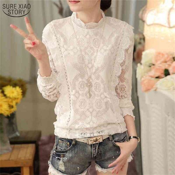 Arrival Autumn Women Blouses Long Sleeve Fashion Casual Chiffon Shirts Stand Floral Lace Plus Size Tops 07F 25 210521