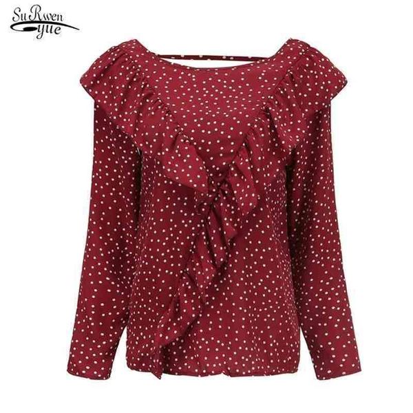 Summer Women Elegant Ruffle Blouse Shirts Polka Dot Blouses Femme O-Neck Long Sleeve Casual Tops Plus Size 14595 210521
