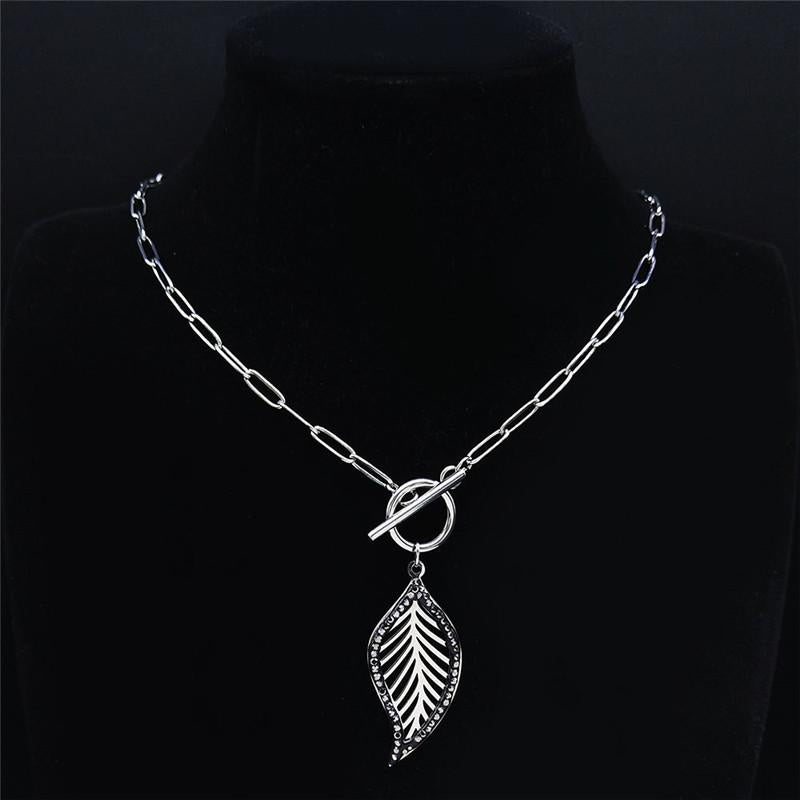 Pendant Necklaces 2021 Hip Hop Stainless Steel Crystal Leave Chokers For Women-Men Silver Color Necklace Jewery Bijou Femme NXS03