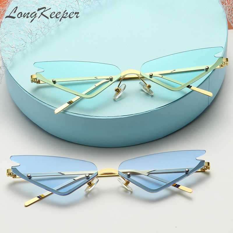 Sun Glasses LongKeeper Punk Style Rimless Cat Eye glasses Women Candy Color Metal Vintage Narrow Triangle oculos feminino