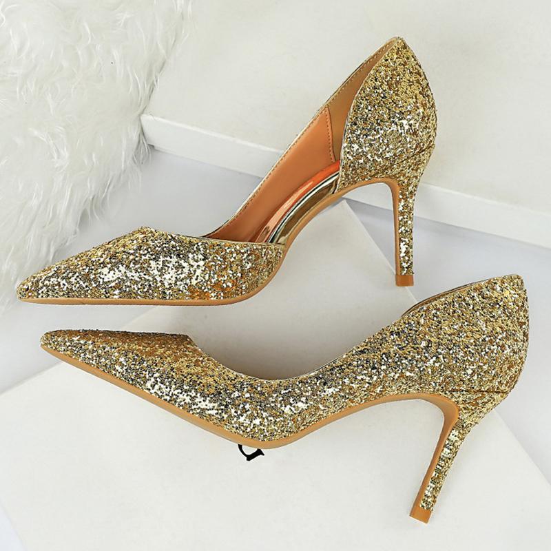 Dress Shoes 2021 Women 8cm High Heels Glitter Low Sequins Sparkly Office Hollow Pumps Lady Female Wedding Bridal Scarpins Gold