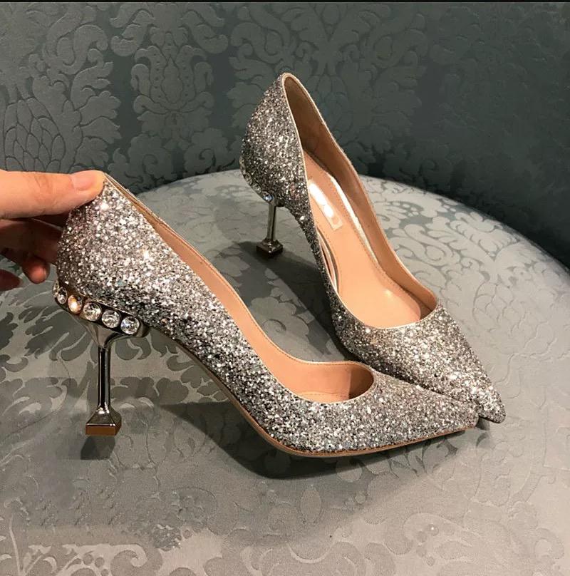 Dress Shoes Kmeioo Glitter Woman Pointed Toe High Heels Jewel Wedding Pumps Shallow Bride Women Thin Stiletto