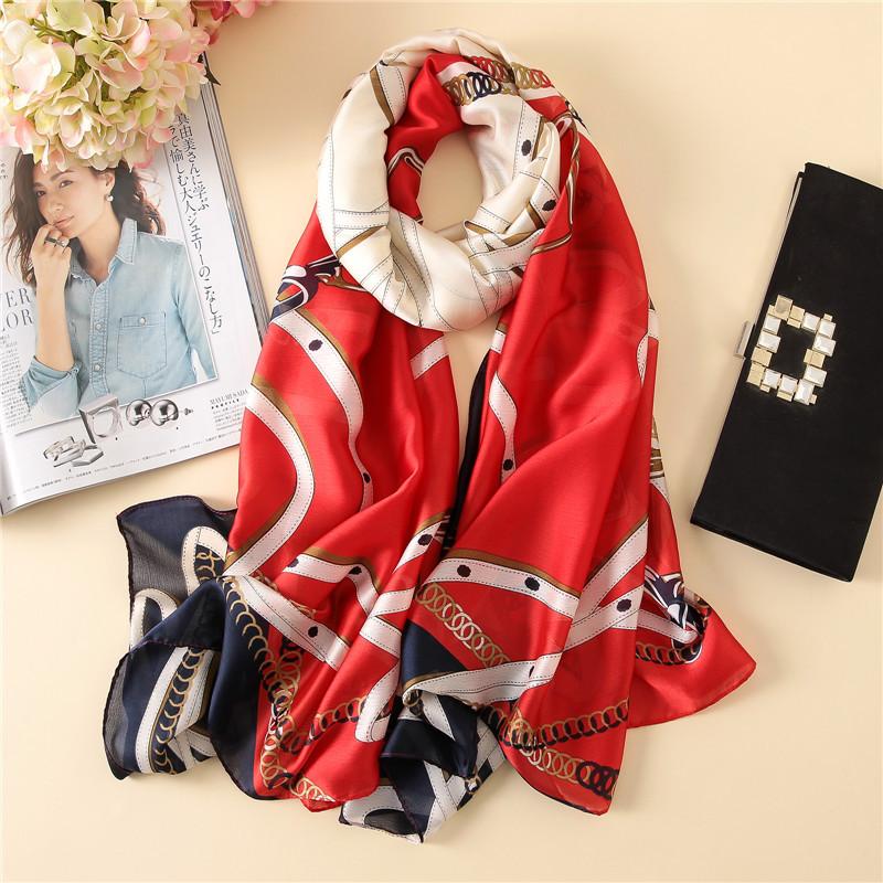 Scarves Women Imitation Silk Scarf Chain Print Shawls Office Lady Wraps Female Headscarf Beach Bandana Beautiful Gift 90x180cm
