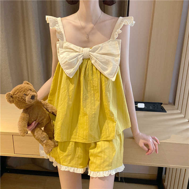 Women&#039;s Sleepwear Korean Kawaii Pajamas Women Summer Front Big Bowknot Frilly Strap Top And Shorts Sets Teen Girls Pyama Set Sleep