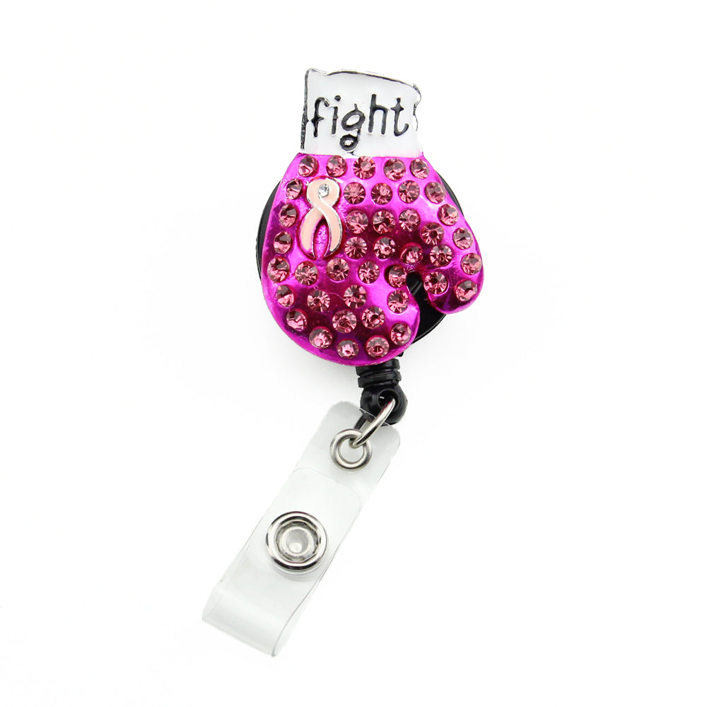 5PCS-LOT Custom Bling Rhinestone Crystal Breast Cancer Awareness Pink Ribbon Boxing Glove Badge Reel Holder for Decoration