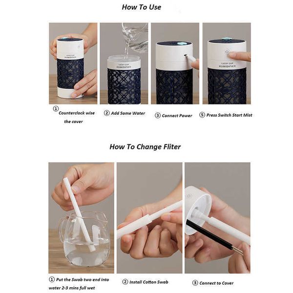 Humidifiers 3 In 1 Lucky Cup Humidifier Usb Ultrasonic Aroma Diffuser Mini Essential Oil Lamp With Led Light Fan Car Air Freshener Carton 21