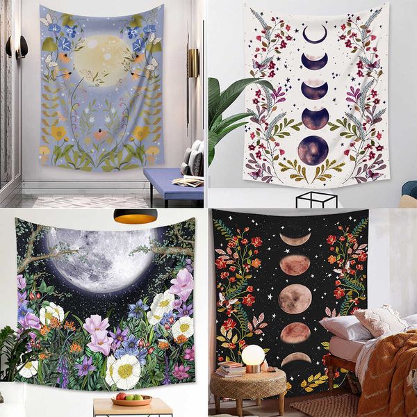 Psychedelic Moon Starry Tapestry Flower Wall Hanging Room Sky Carpet Dorm Tapestries Art Home Decoration Accessories 210609
