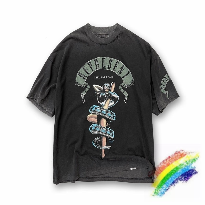 Men&#039;s T-Shirts Vintage REPRESENT T-shirt Men Women 1:1 High Quality T shirt Beauty Python Graghic Represent Tee Oversize Washed To