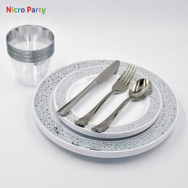 Nicro Silver Cups Plastic Plates Fork Knives Spoons Disposable Clear Dinnerware Set Party Supplies #DPT37 210610