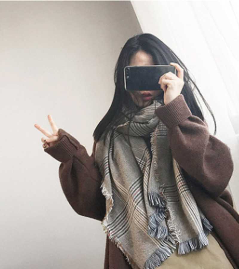 Scarves European And American Women&#039;s Pure Color Autumn Winter Plaid Wool Cashmere Large Tassel Shawl Warm Neck