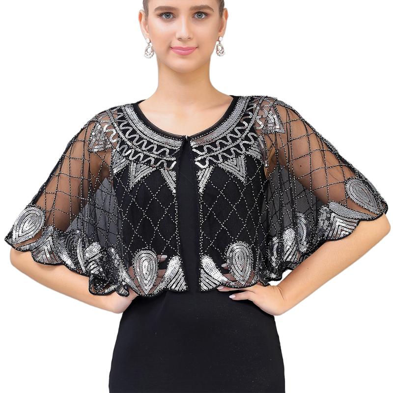 Scarves Women&#039;s 1920s Shawl Beaded Sequin Deco Evening Cape Bolero Flapper Cover Up See-through Scalloped Hem Party