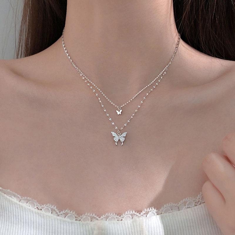 Chokers 925 Sterling Silver Shiny CZ Butterfly Necklace Ladies Exquisite Double Layer Clavicle Chain Jewelry For Gift