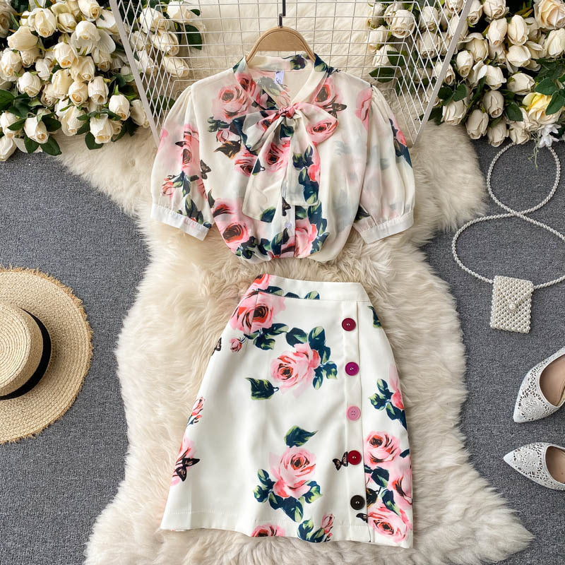 Two Piece Dress Runway 2 Set Women Summer Rose Print Bows Blouses Shirts Tops + Slim Buttons Skirt Suits Ladies Vintage 94ZN