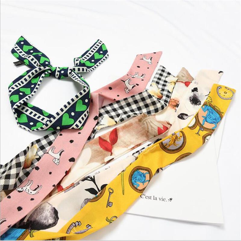 Scarves 2021 Design Heart Pink Yellow Print Silk Scarf Women Skinny Handle Bag Ribbons Head Band Small Long