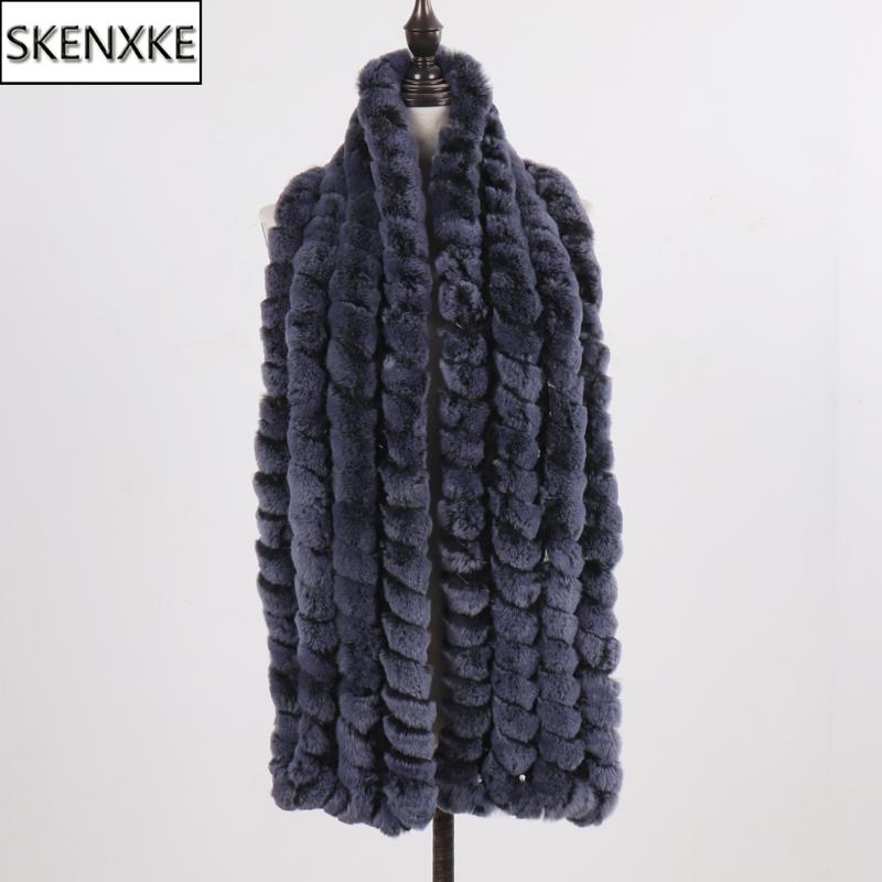 Scarves Hand Knitted Fashion Lady Real Rex Fur Scarf Women Winter Warm Natural Long Style Neckerchief