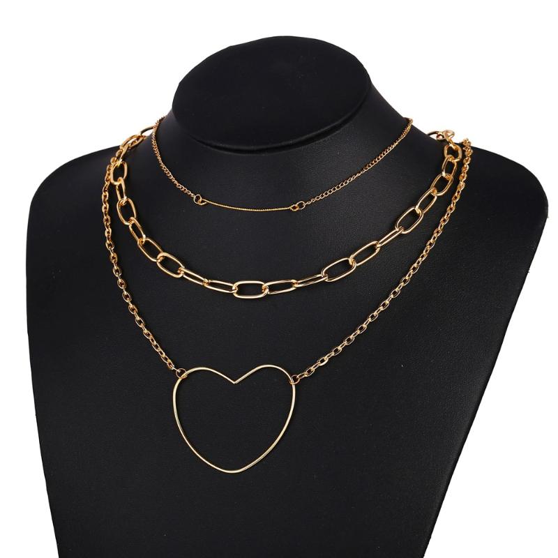 Pendant Necklaces 12 Pieces-Lot Jewelry Love Heart Necklace For Women Gold Color Charm Multilayer Chain Choker Hollow Wholesale