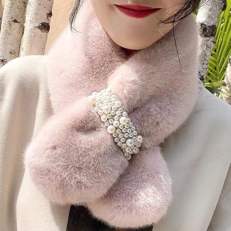 Scarves Women Winter Thicken Warm With Pearls Girls Cute Faux Fur Cross Plush Collar Neck Warmer Elegant Soft