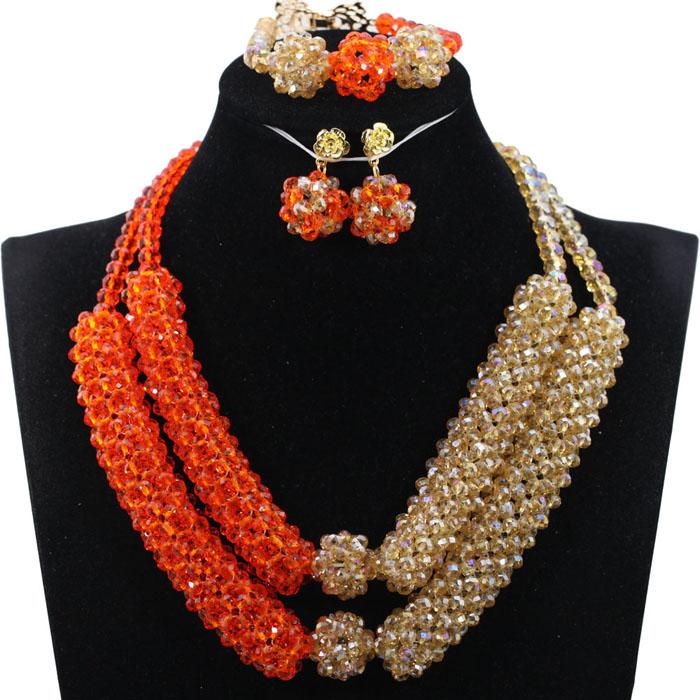 Earrings & Necklace Fashion Orange Gold Crystal Statement Set Wedding African Beads Women Jewellery Nigerian Brides WE020