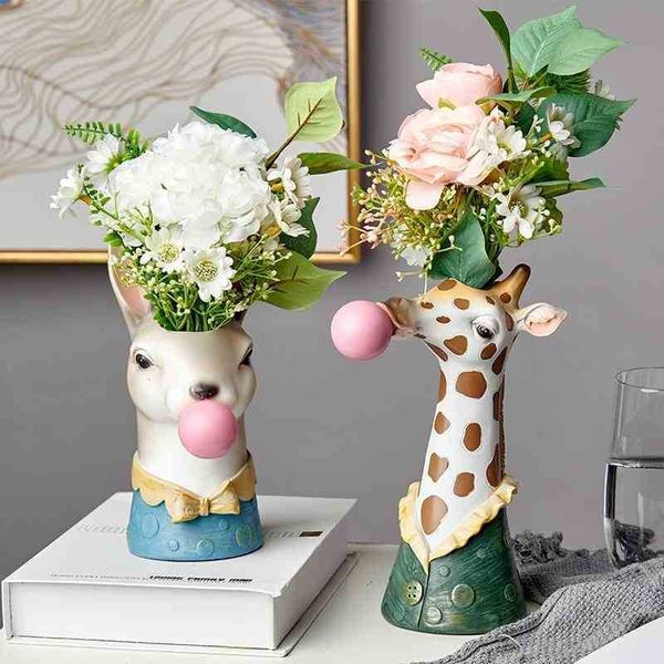 Resin Cartoon Animal Head Vase Flower Pot Bubble Gum Zebra Giraffe Panda Deer Bunny Bear Animal Creative Crafts Decoration 210409