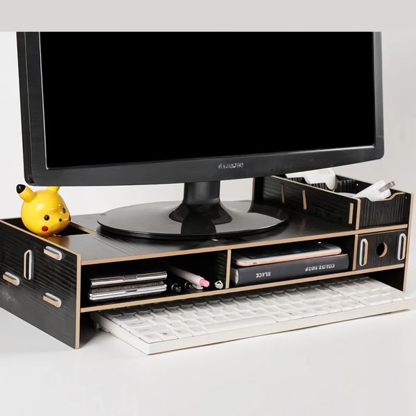 DIY Wooden Computer Monitor Stand Holder Riser Desk Base with Storage Organizer Drawers - Black