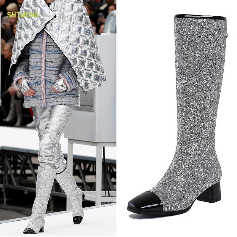 Boots Women Catwalk Knee High Fashion Shiny Glitter Thick Heel Mid-heel Square Toe White Silver Large Size