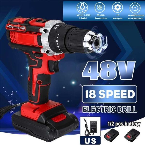 3 in 1 Cordless Electric Drill Screwdriver Hammer 18 Torque 48V Dual Speed Power Tools With 2 Battery 201225