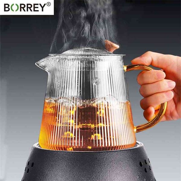 BORREY Vertical stripes Crystal Glass Teapot With Removable Filter Puer Kettle Flower Set Infuser Coffee ware 210621