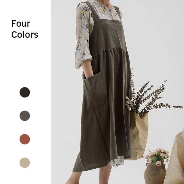 Korean Style Solid Color Linen Apron Large Size Adjustable M-XL Buttons Shape Kitchen Cooking Clothes Gift for Women Chef 210622