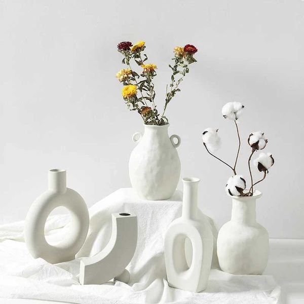 Nordic Ins Ceramic Table Flower Vase Art Vases White Vegetarian Ceramic Flower Pot Home Living Room Decorations Ornaments Crafts 210623