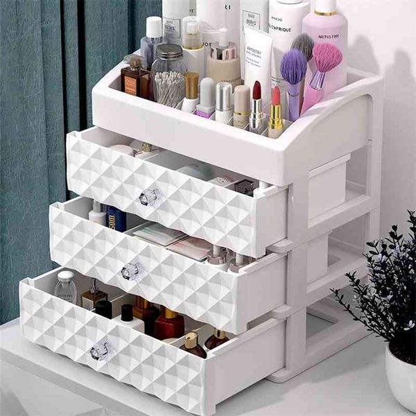 Cosmetics Storage Box Three Layer Drawer Makeup Jewelry Organizer Desktop Lipstick Nail Oil Container Beauty Cosmetic Case 210626