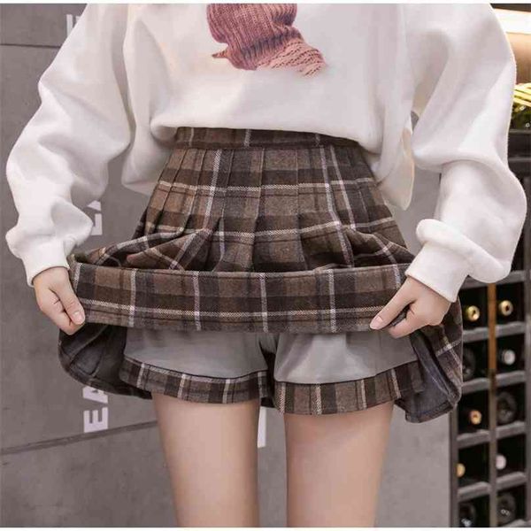 Women&#039;s Plaid Pleated Woolen A-line Mini Skirt High Waist With Lining Female Short Skirts Winter Autumn Girls Preppy Style 210629