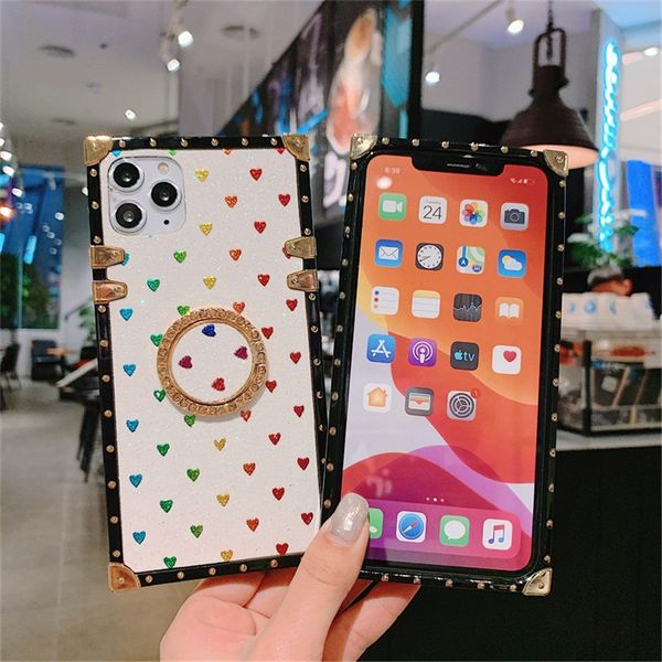 Luxury glitter Love Heart Square Phone Case For iPhone 12 11 Pro XS MAX XR 7 Plus For Samsung S10 S20 A71 A51 Ring Bracket cover