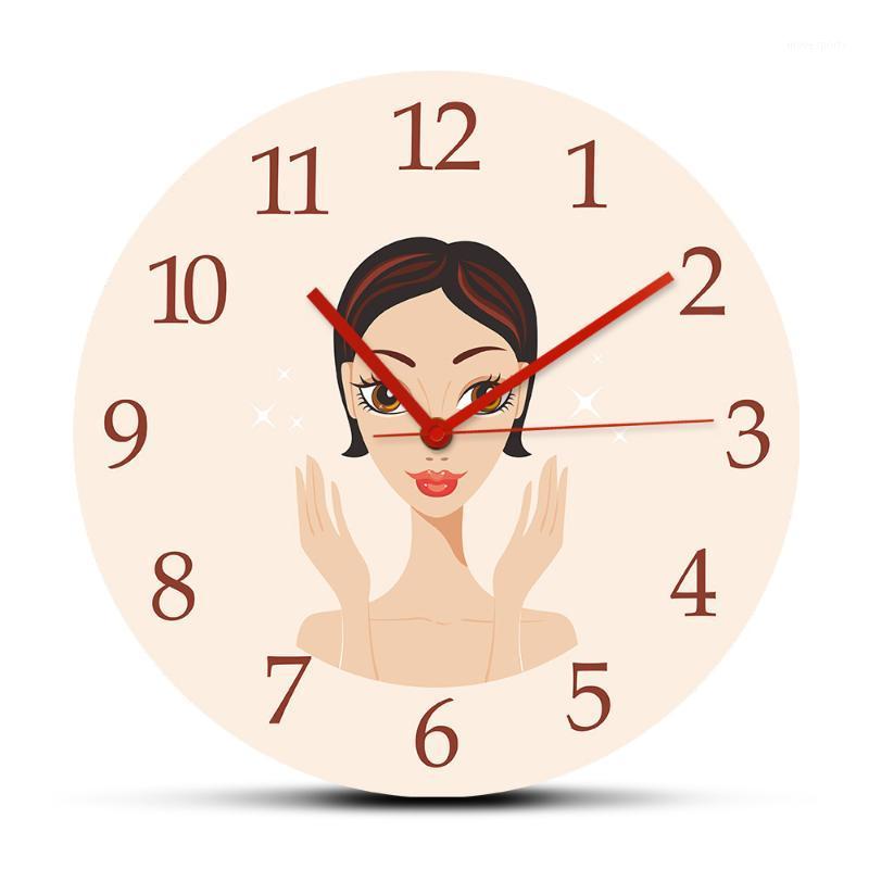Beautiful Young Woman With Flawless Skin Acrylic Rounded Wall Clock Watch For Beauty Salon Spa Skincare Decor Hanging Clocks1