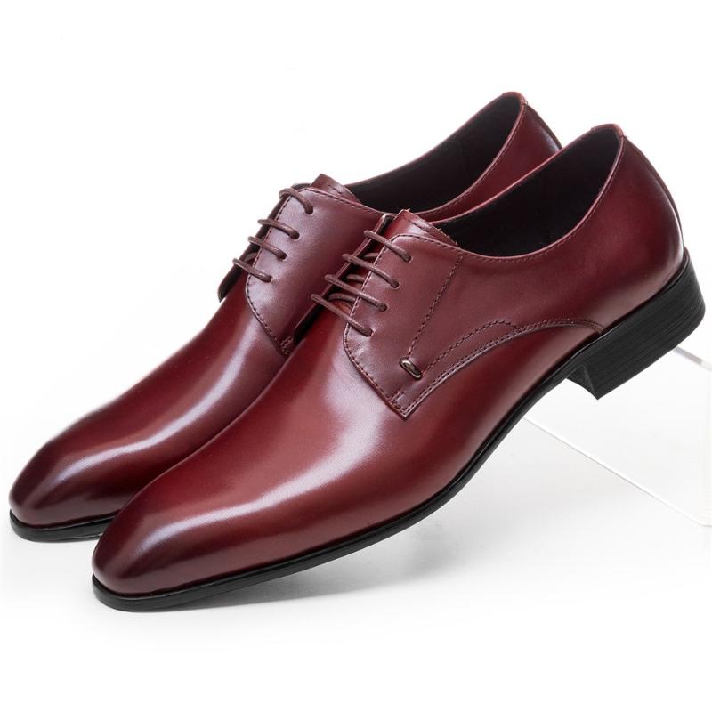 Dress Shoes Fashion Pointed Toe Wine Red - Black Derby Mens Genuine Leather Wedding Groom Male Business