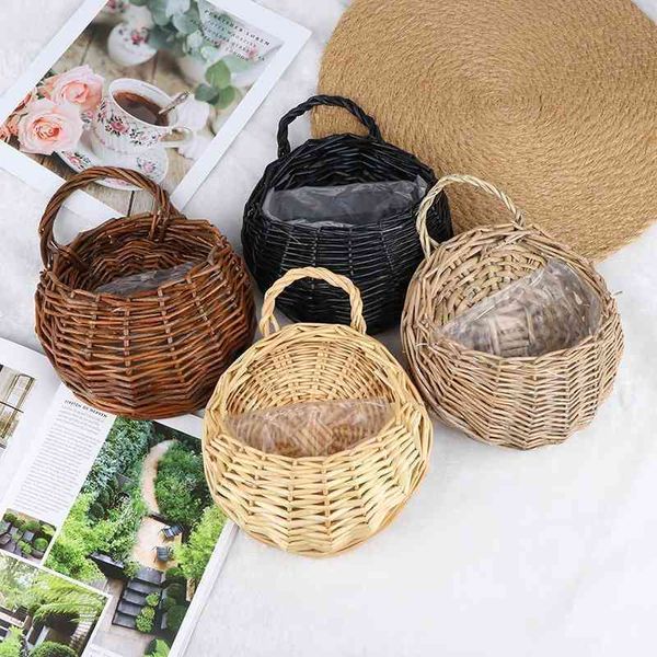 Hand Made Wicker Rattan Flower Basket Green vine Pot Planter Hanging Vase Container Wall Plant Basket For Garden ab59 210712