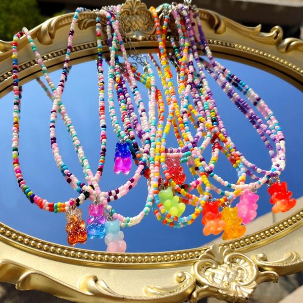 Chains 2021 Y2K Rainbow Gradient Gummy Bear Beaded Necklace For Women Acrylic Bead Choker Cute Cartoon Charm Kpop Boho Jewelry