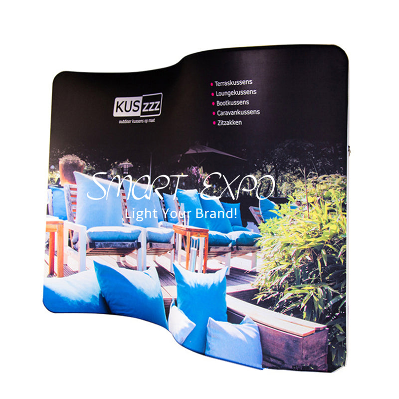 8ft S Curved Wave-Line Fabric Backdrop Booth Advertising Display with Thick Aluminum Tube Custom Printed Graphic Portable Carry Bag