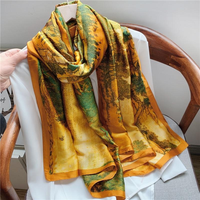 Scarves 180x90cm 100% Real Silk Scarf Chinese Famous Painting Printing Bandana Hijab Foulard Designer Luxury Women Satin Headband