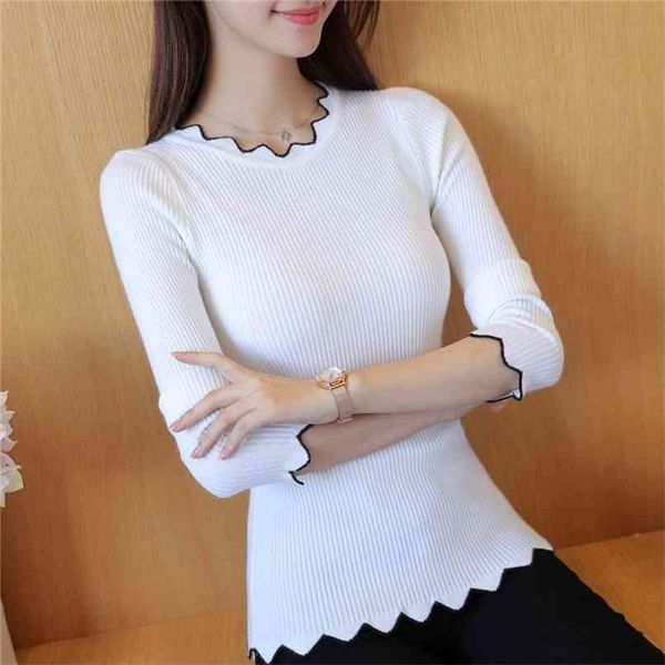 Spring and autumn black white inner knit long-sleeved sweater bottoming sweater slim tight lace collar 210812
