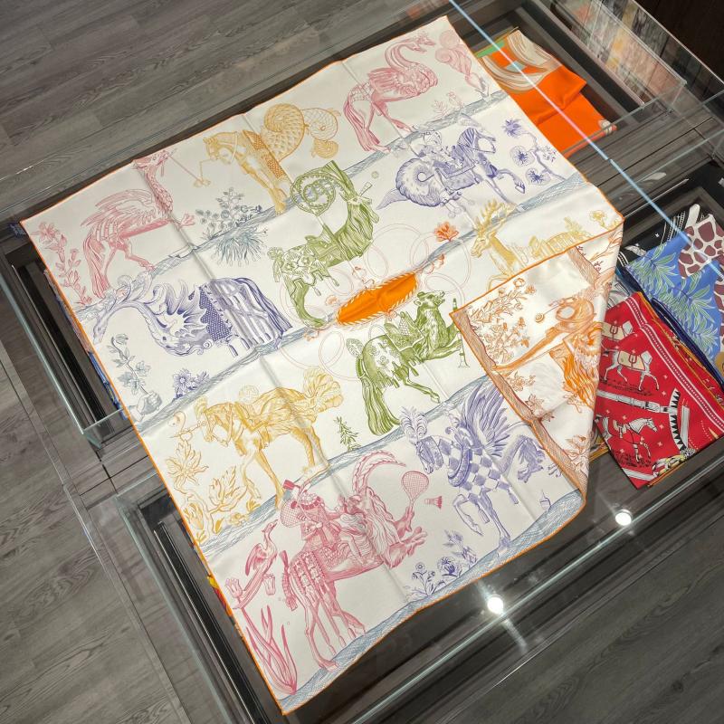 Scarves 90cm Double Sided 100% Real Silk Scarf Design Horse Natural Square Women Hijab Bandana KerchiefScarvesShawl Ponchos Beach Towel