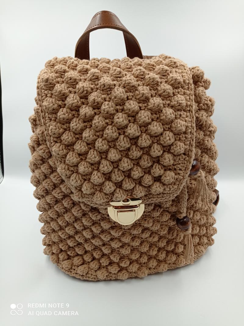 School Bags Handmade Knit Woman Backpack-Macrame Cotton Thread-Special Design-Popcorn Design Backpack-Size Medium-Crochet Backpack-Brown Bag
