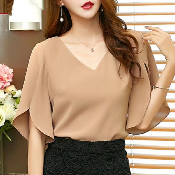 Women&#039;s Blouses & Shirts Women Summer Blouse Shirt Top Chiffon Ruffle Half Sleeve Split Hollow Casual Loose Elegant Blusas