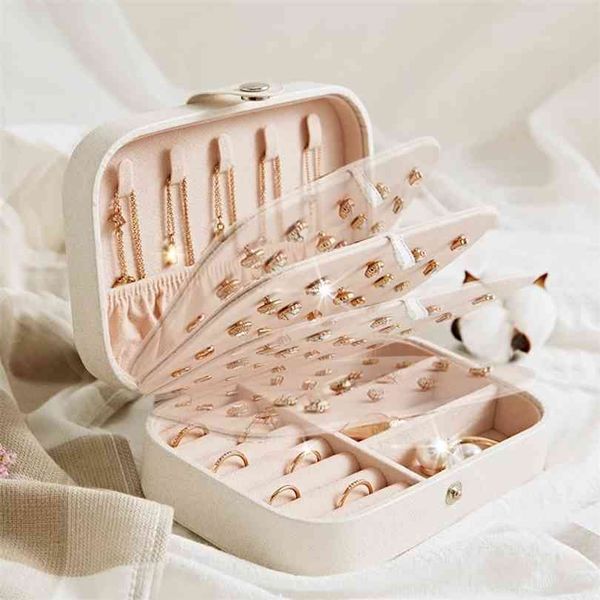 Protable Leather Jewelry Storage Box Earrings Ring Necklace Case Jewel Packaging Travel Cosmetics Beauty Organizer Container 210914