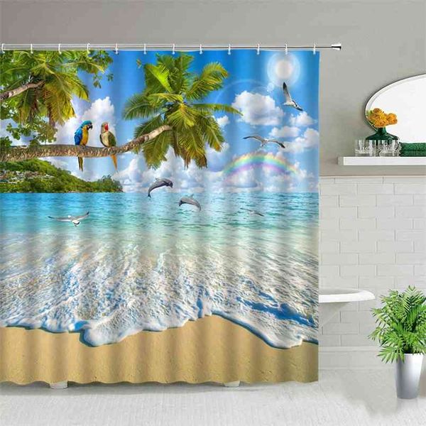 Ocean Animal Beach Rainbow Parrot Dolphin Palm Tree Sea Scenery Shower Curtain Bath Screen Waterproof Fabric Bathroom Curtains 210915