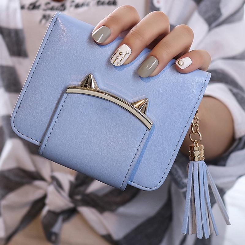 Wallets Kawaii Cute Cat Ear Short Wallet Women Tassel Coin Purse Lovely Small For Girls Ladies Candy Color PU Leather Mini