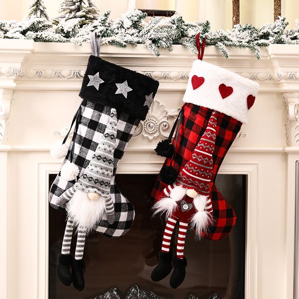 Red Black Grid With Doll Christmas Stocking Xmas Gift Bag Fireplace Decoration Socks New Year Candy Holder Christmas Decoration
